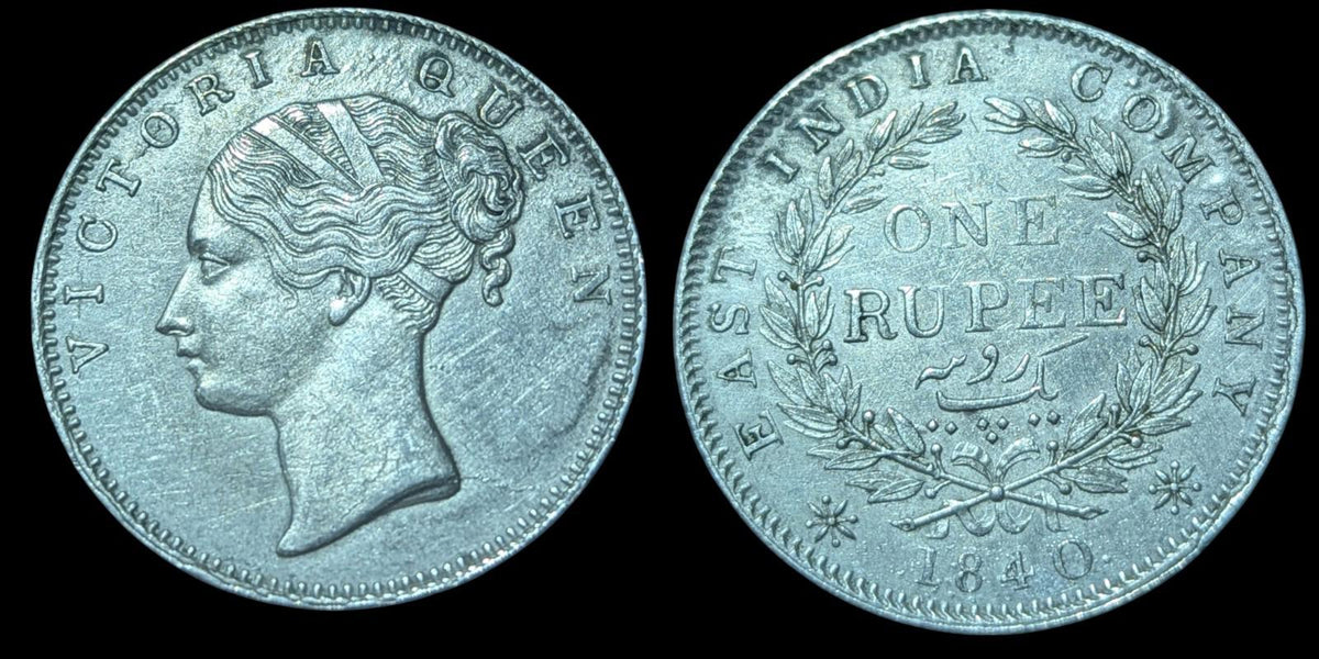 1840 British East India Co Silver Rupee Victoria Reine, Variété Légende Continue