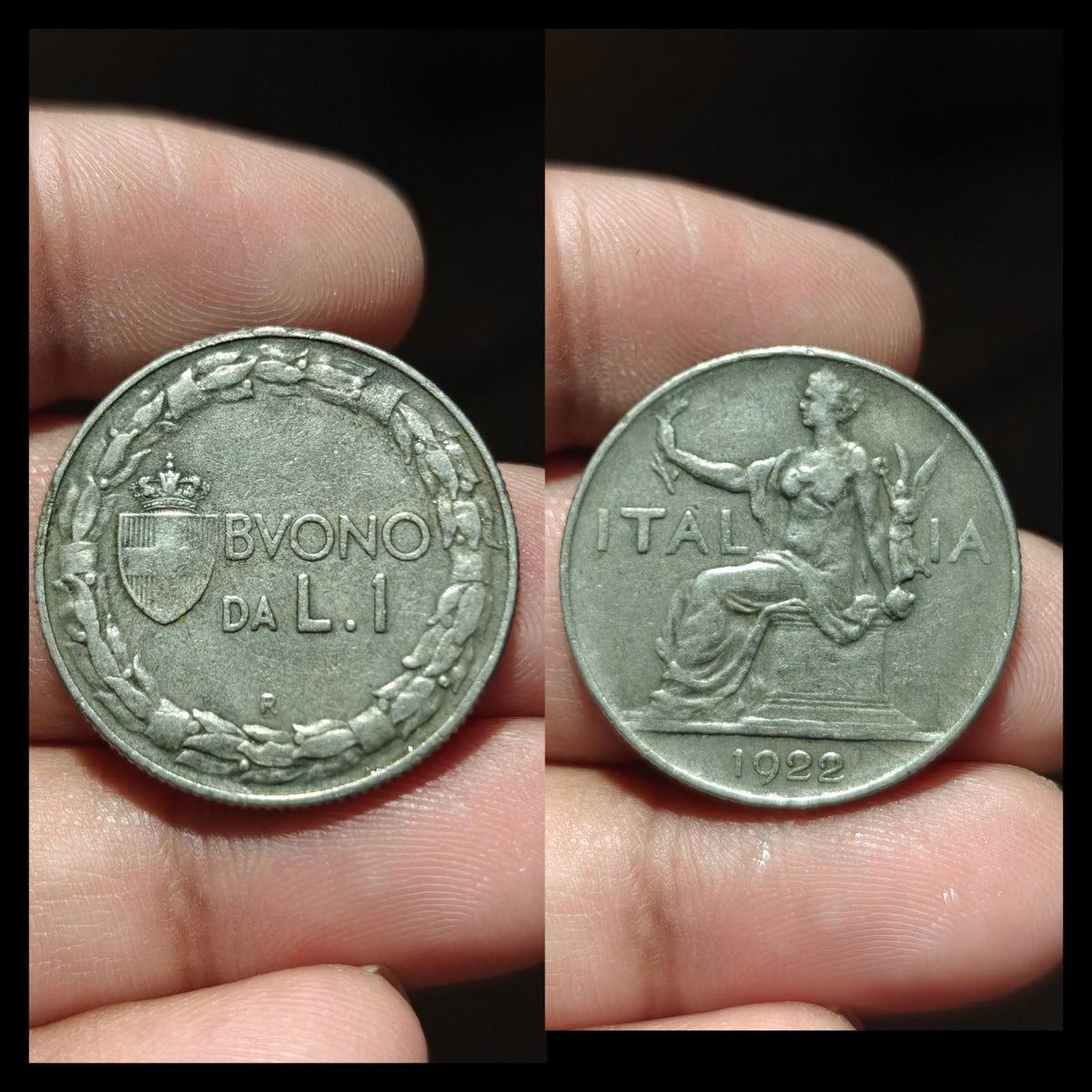 1922 Italie Une 1 Lire Femme assise à gauche Nickel Monnaie du monde Monnaie rare