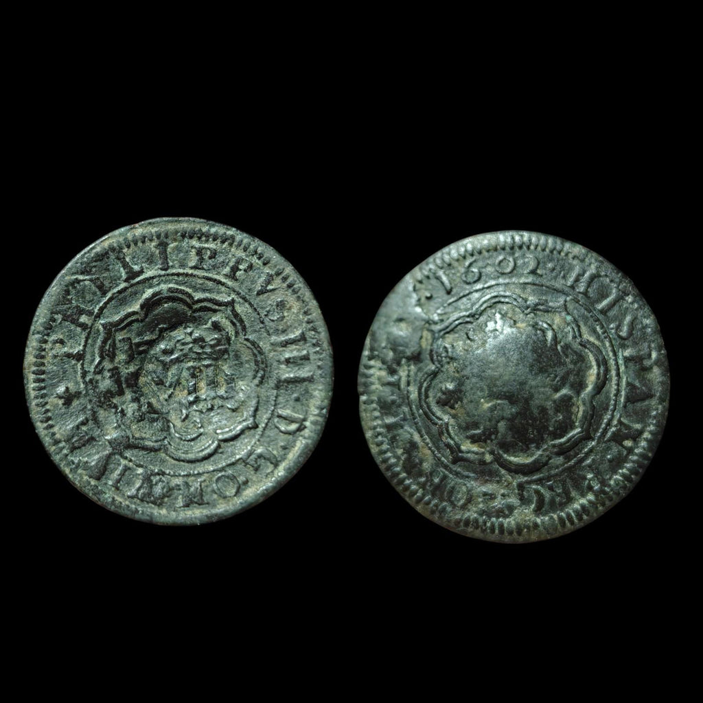 1602 Coin King Philip III Spanish Pirate Era 4 Maravedis Counterstamp Castle