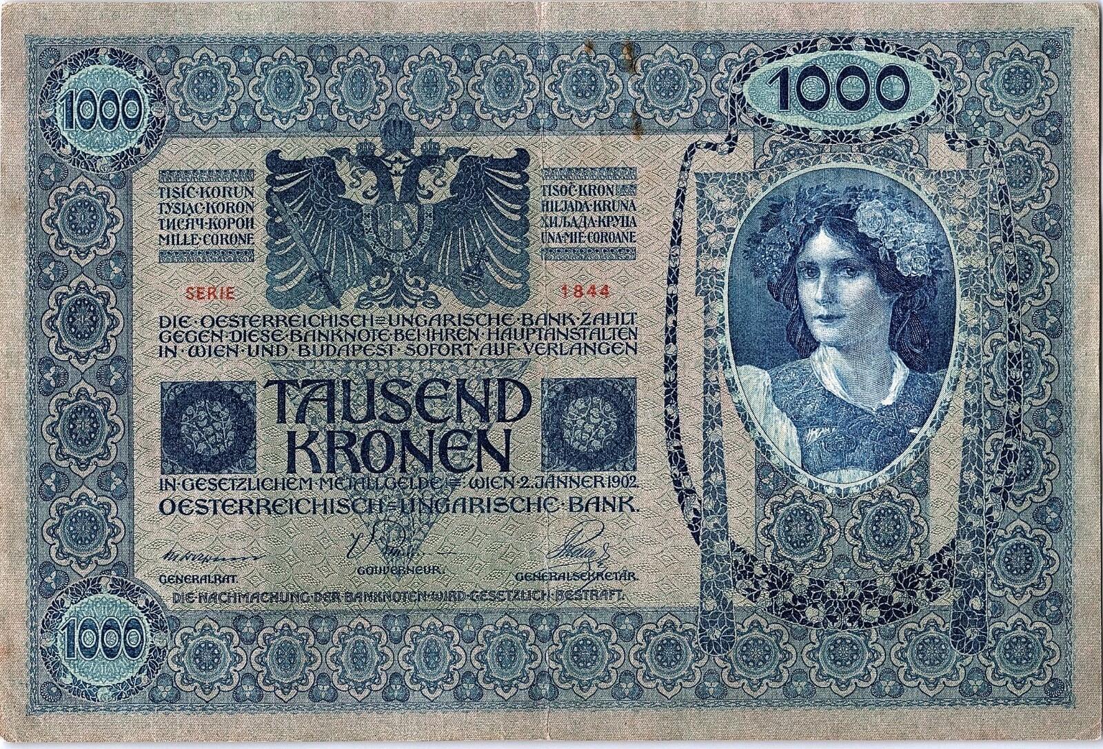 Austria / Hungary 1000 Kronen 1902 Paper Money - Circulated - 120 Yrs Old