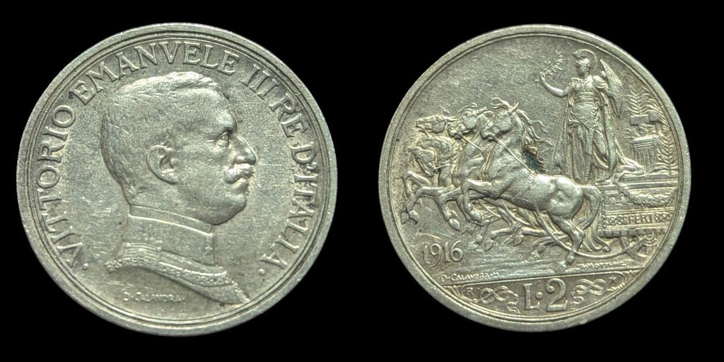 Italy 1916 Unc 2 Lire Lira Silver Coin Quadriga Victor Emmanuel III Nice Patina