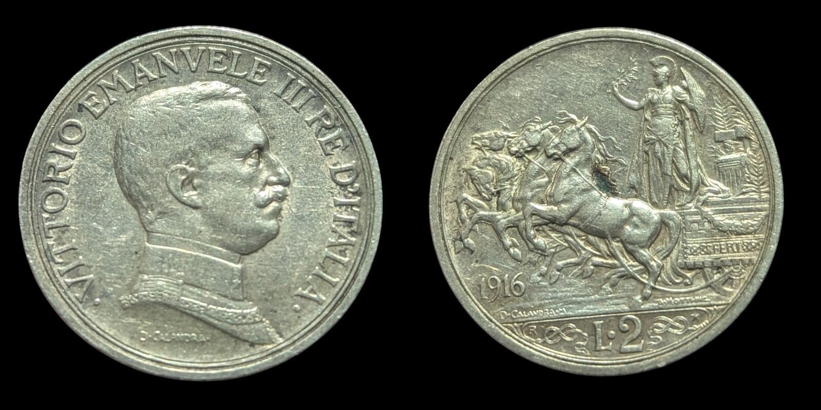 Italy 1916 Unc 2 Lire Lira Silver Coin Quadriga Victor Emmanuel III Nice Patina