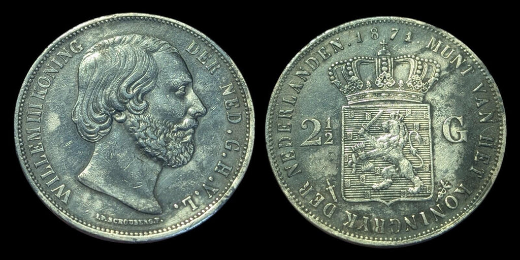 1871 Netherlands William III 2 1/2 Gulden .945 Fine Silver Coin KM# 82