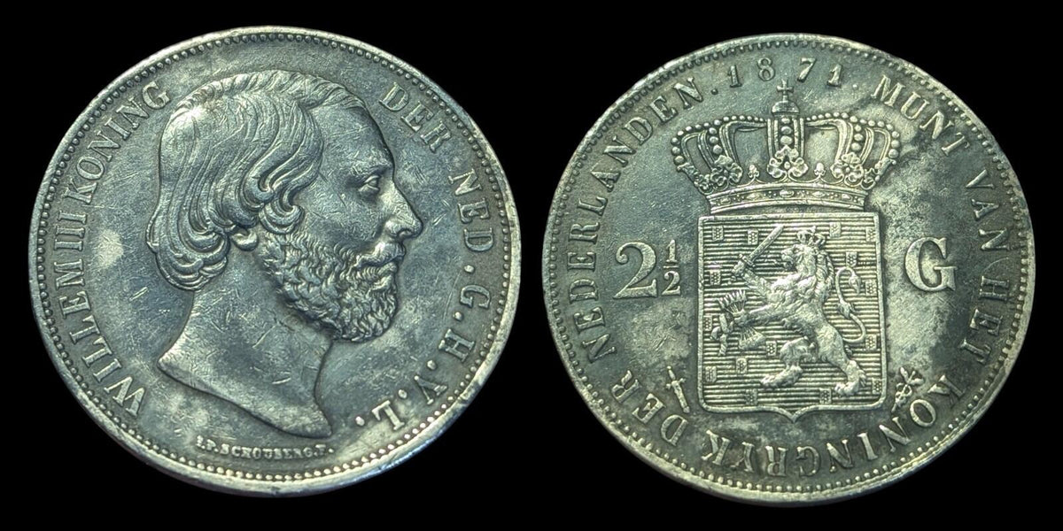 1871 Netherlands William III 2 1/2 Gulden .945 Fine Silver Coin KM# 82