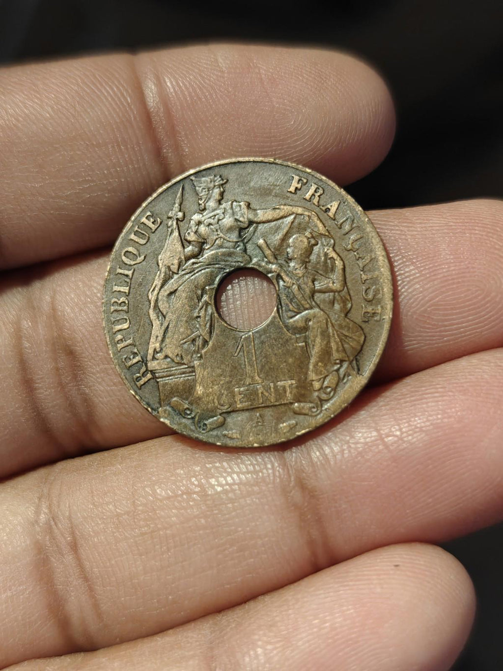 1938年法属印度支那1分硬币，高评分！品相完美！