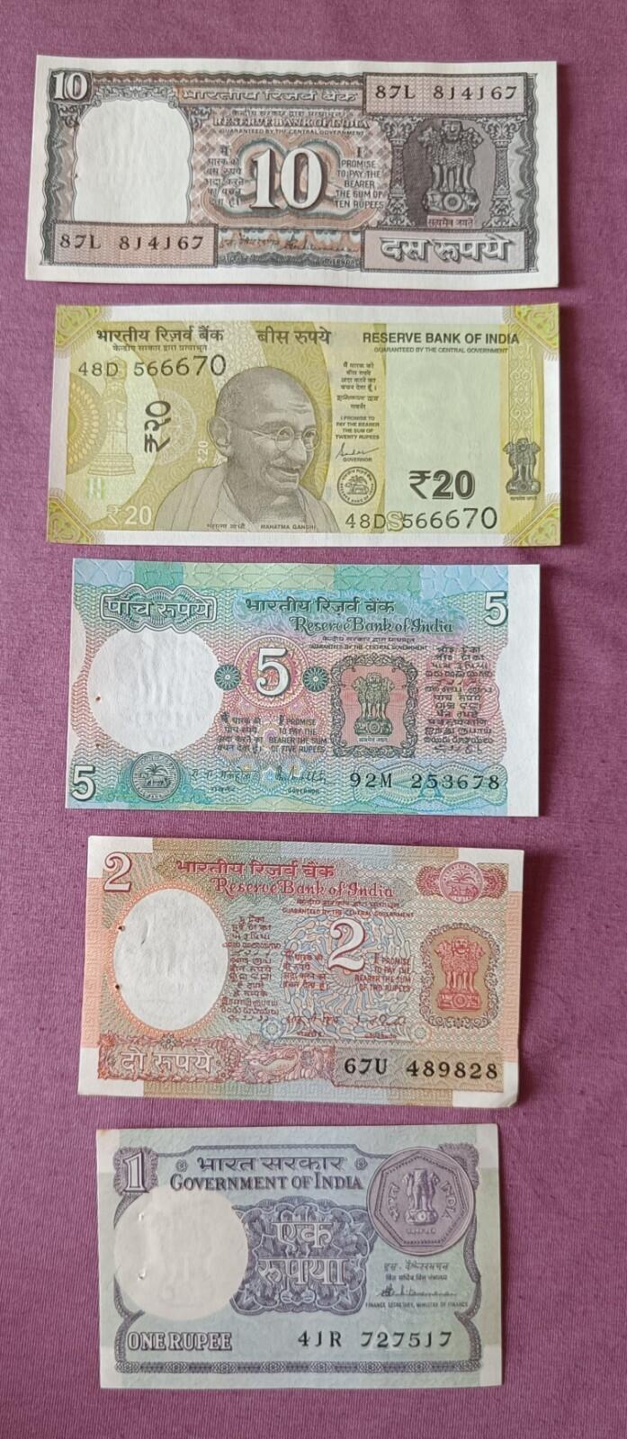 🇮🇳 India🇮🇳 Old different 20-10-5-2-1 Rupees 5 Notes-Uncirculated-Crispy