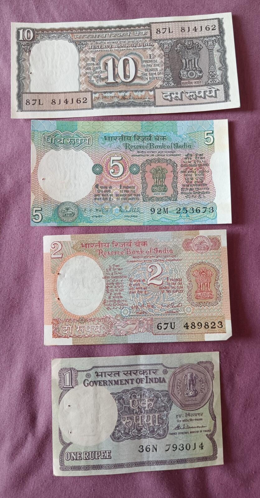 🇮🇳 India🇮🇳 Old different 10-5-2-1 Rupees 4 Notes-Uncirculated-Crispy