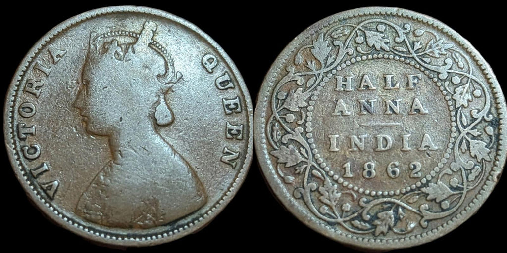 1862 Inde-Britannique 1/2 Half Anna KM# 468