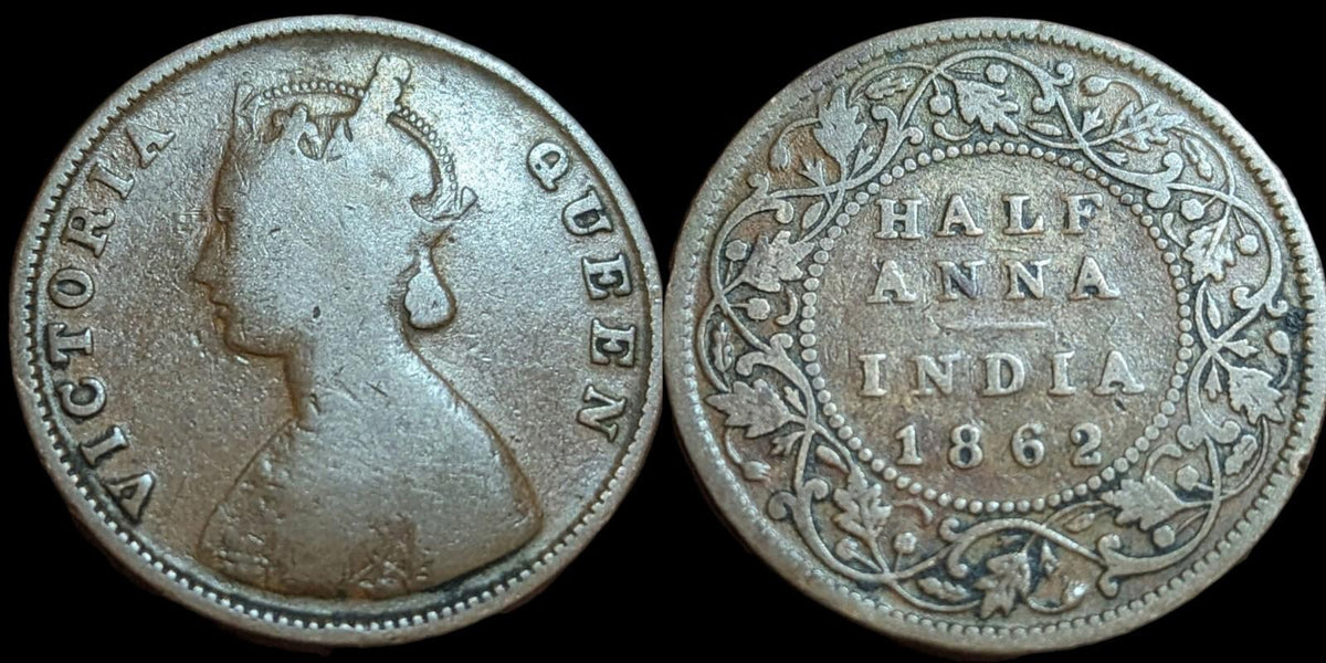 1862 Inde-Britannique 1/2 Half Anna KM# 468