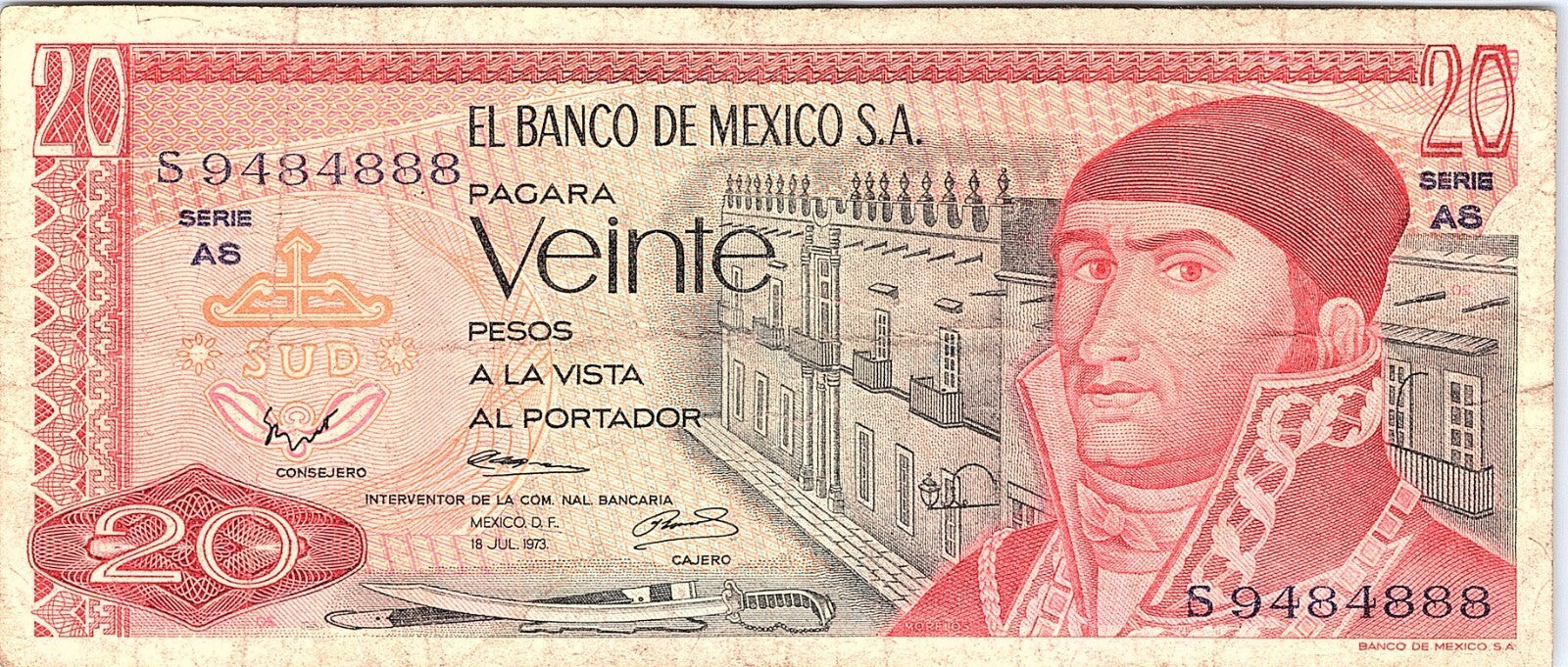 MEXICO 20 PESOS BANKNOTE CURRENCY 1976 - PYRAMID - SERIE BV
