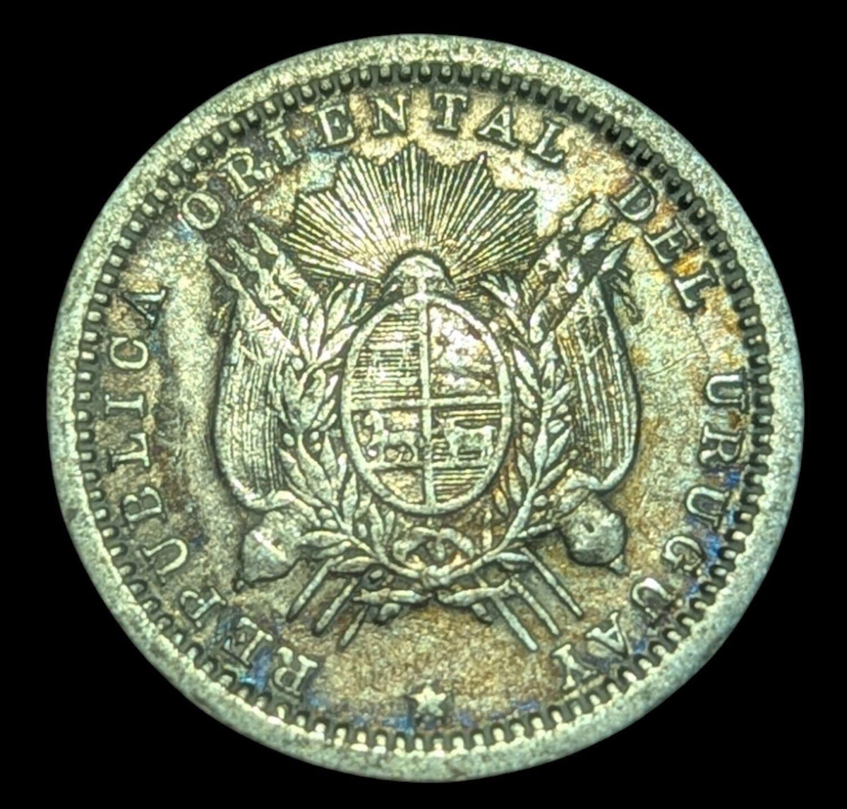 1877 A Uruguay 10 Centesimos Points d'Ancrage à Gauche Détails AU