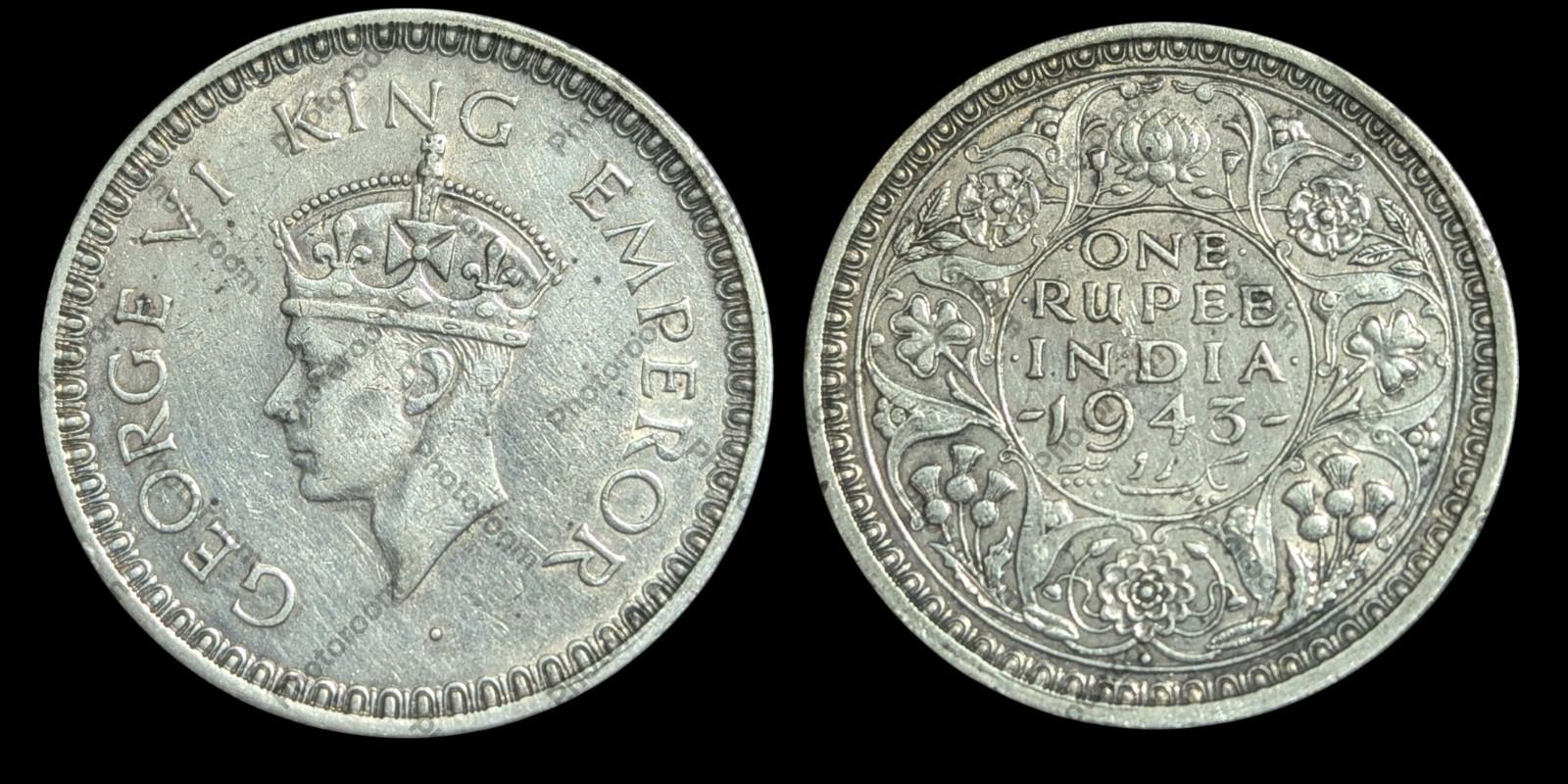 BRITISH INDIA 1943 KING GEORGE VI ONE RUPEE RARE SILVER COIN