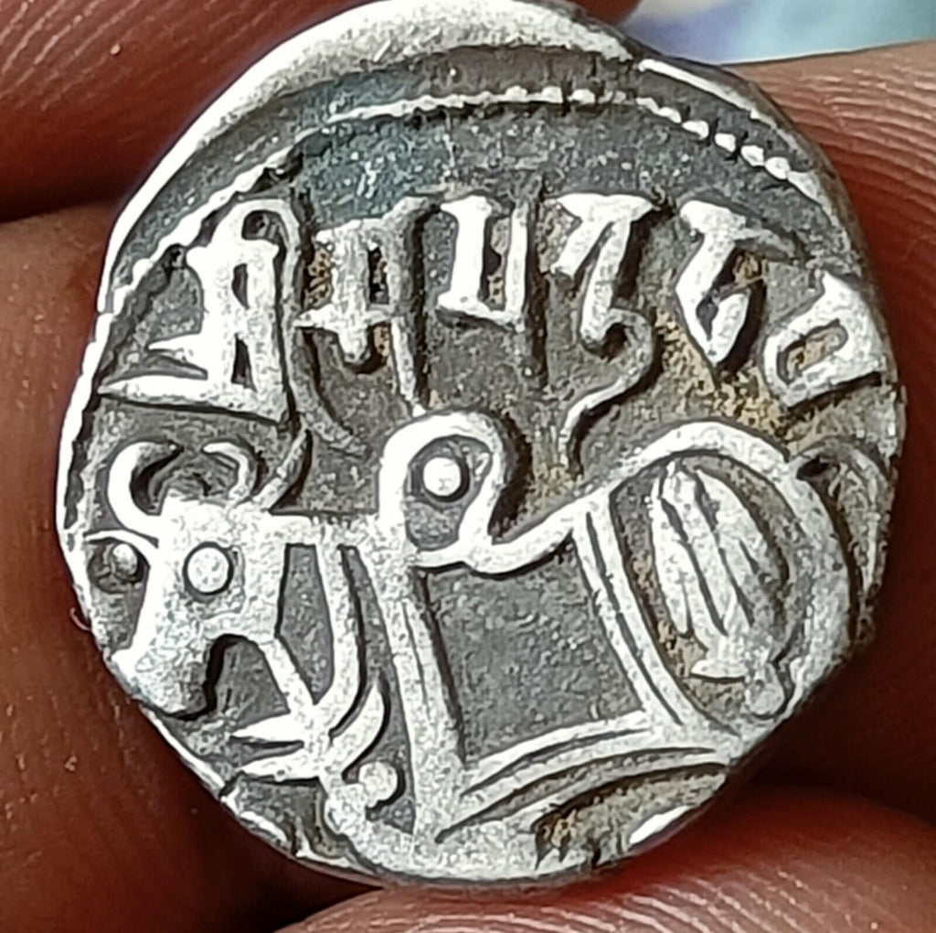 #X20#Indian Indus valley Area Samanta Deva (850 AD) silver HORSE & BULL coin.