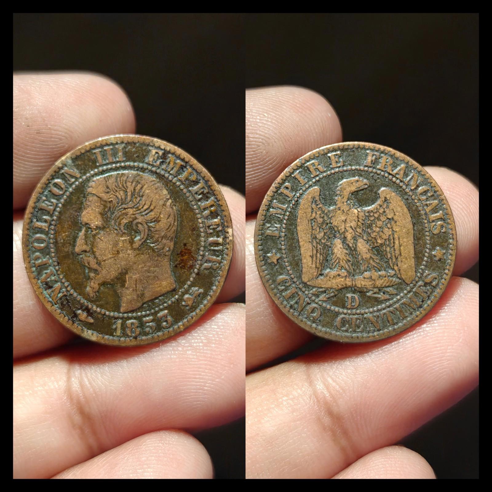 1853-D 法国5生丁里昂造币厂铜币