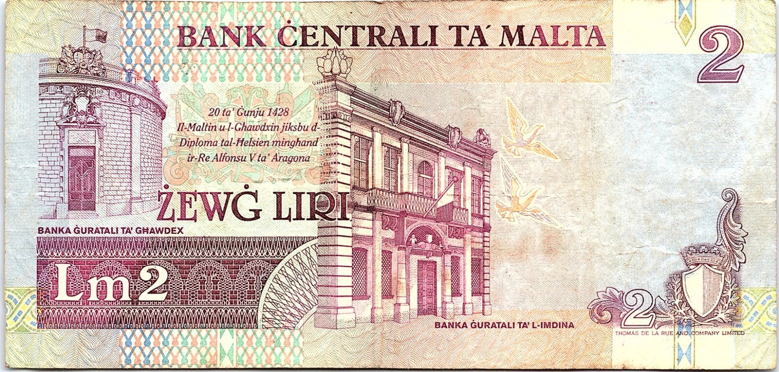 Malta 2 Liri L.1967 BANKNOTE Better Grade