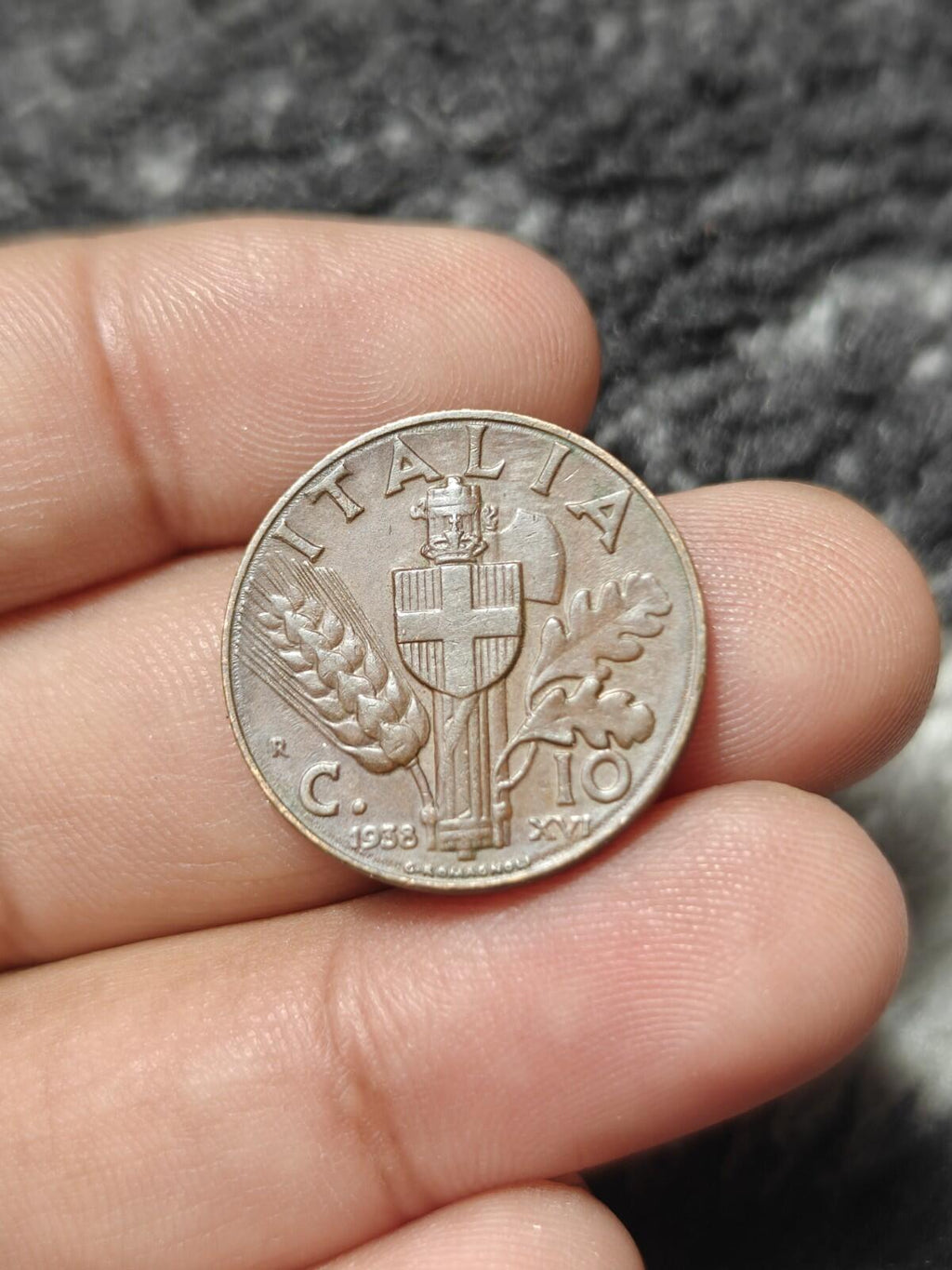 1938 Italie 10 Centesimi XVI Pièce Victor Emmanuel III Époque Seconde Guerre Mondiale KM#74 Cuivre