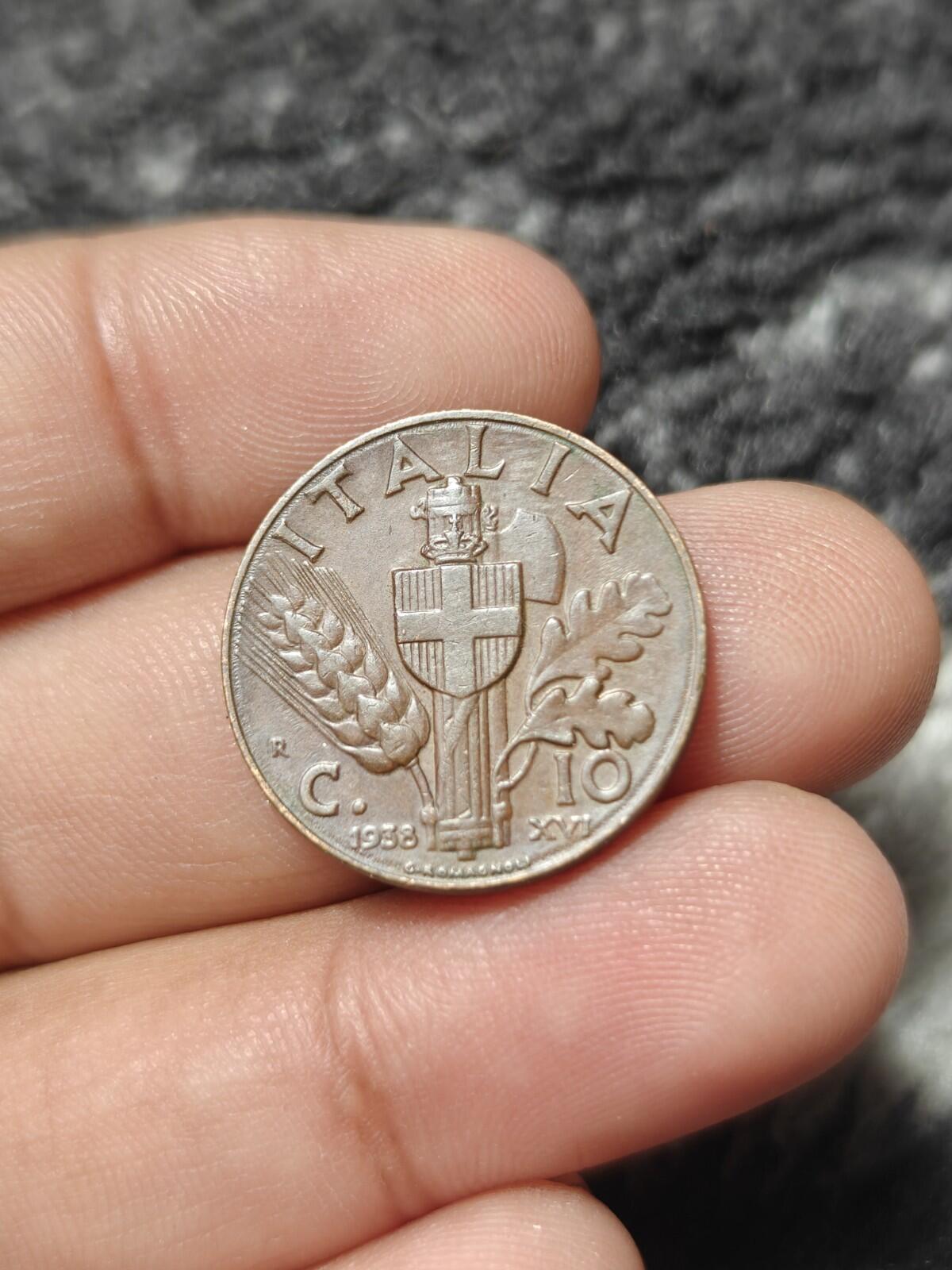 1938 Italie 10 Centesimi XVI Pièce Victor Emmanuel III Époque Seconde Guerre Mondiale KM#74 Cuivre