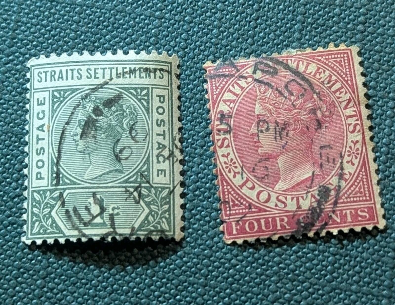 1892 Straits settlements 1c & 4c Green & rose QVIC stamp