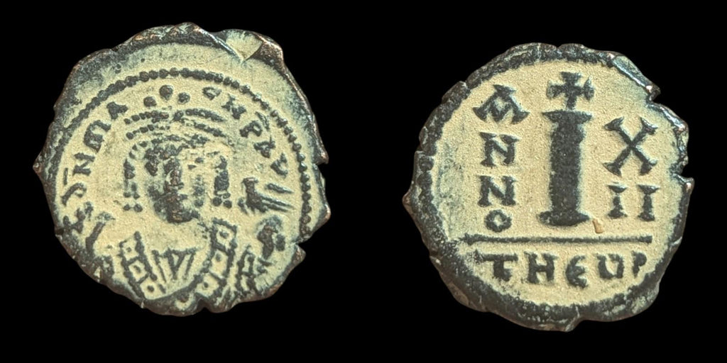 Byzantine Half Follis 593-4 Antioch Coin, Maurice Tiberius, Antioch, Bronze