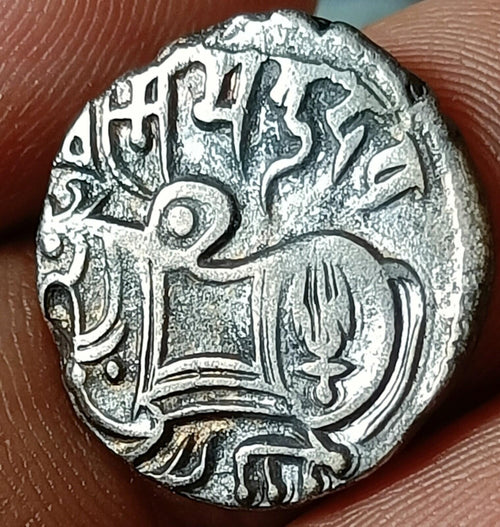 #X8#Indian OHINDA DYNASTY Samanta Deva(850-1000AD) HORSE & BULL SILVER coin