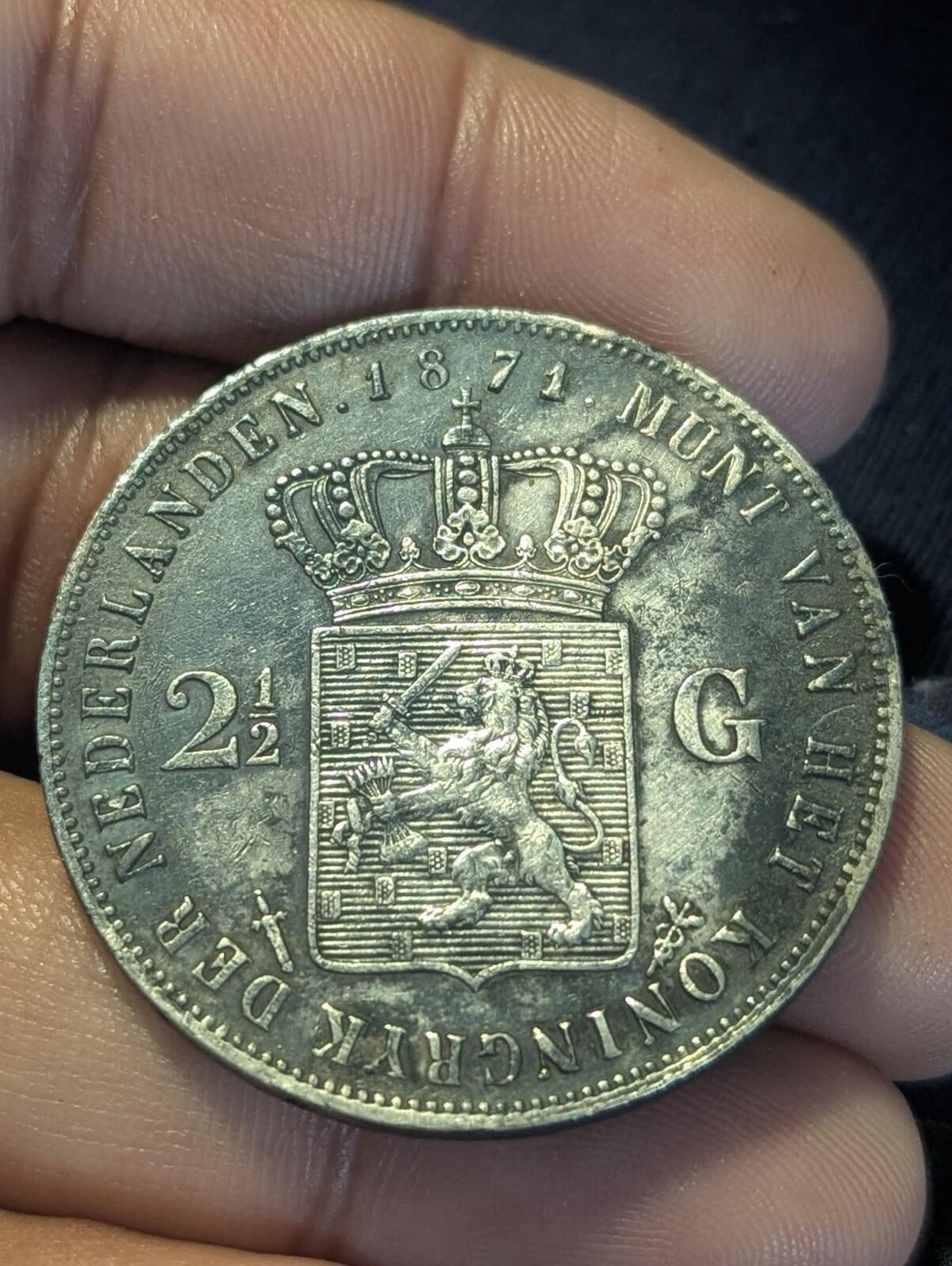 1871 Netherlands William III 2 1/2 Gulden .945 Fine Silver Coin KM# 82