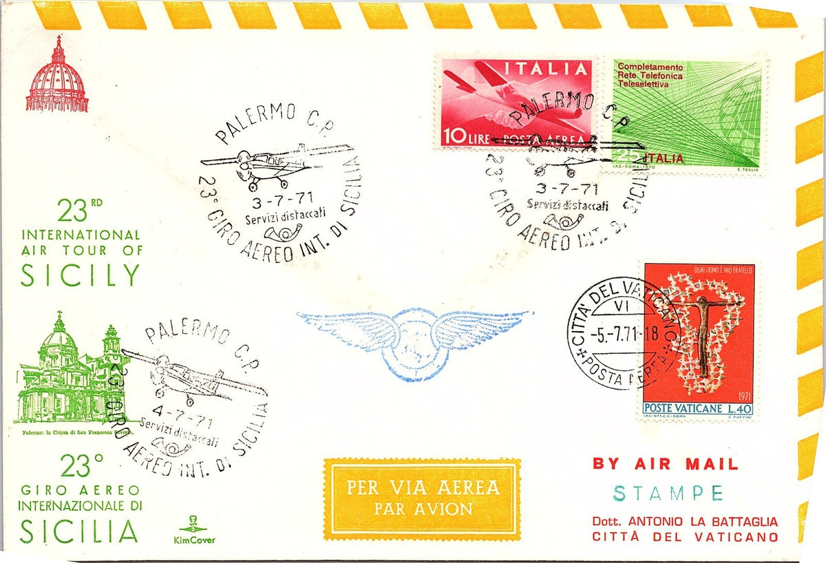 1971 Italy Vatican Flight Cover 23rd Air Tour of Sicily Palermo Aerogramme La Ba
