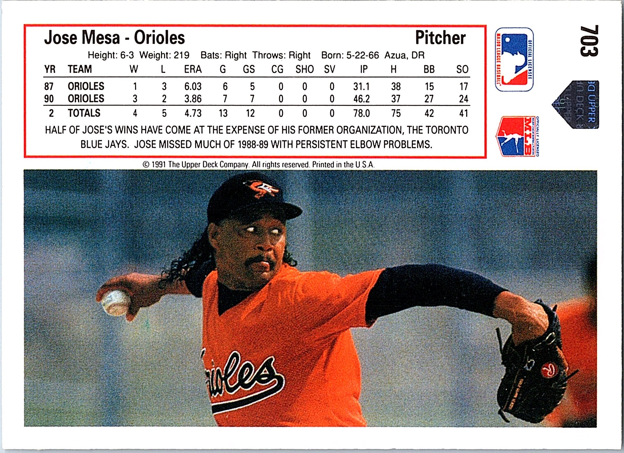 1991 Upper Deck #703b Jose Mesa
