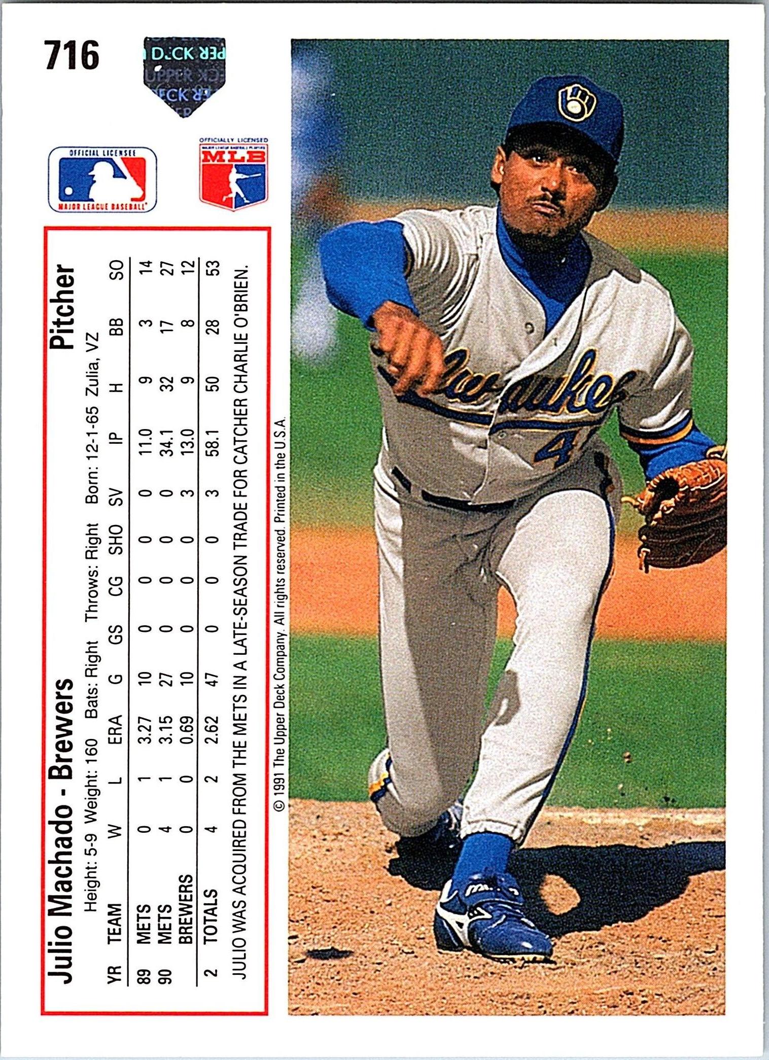 1991 Upper Deck #716b Julio Machado