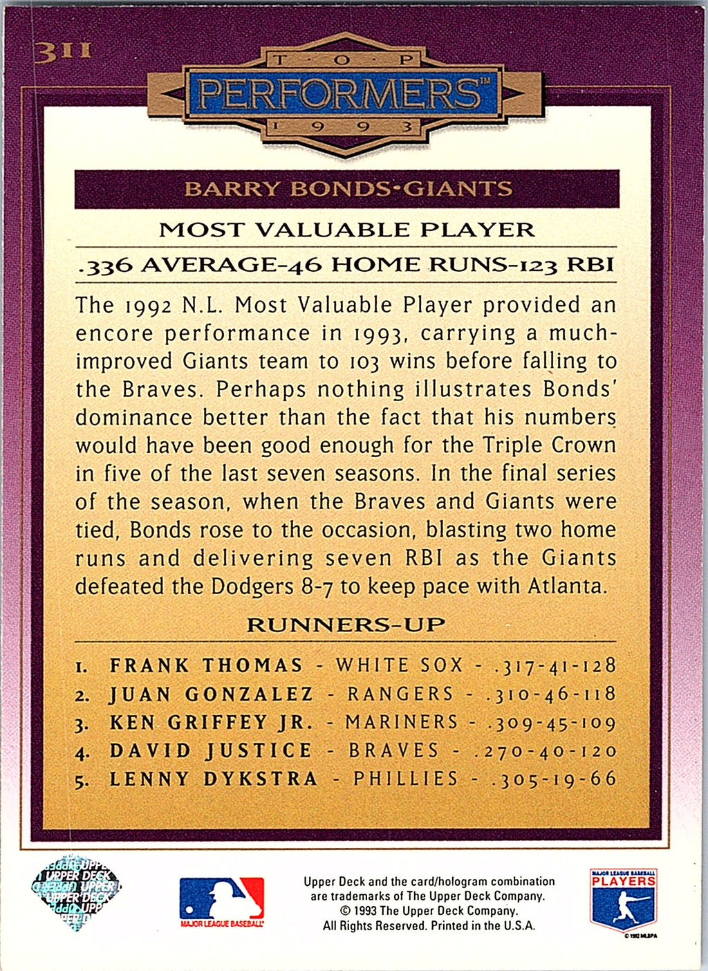 1994 Collector's Choice #311 Barry Bonds