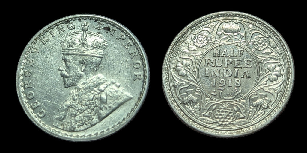 1918 British India Half 1/2 Rupee Silver Coin George V King Emperor KM# 522