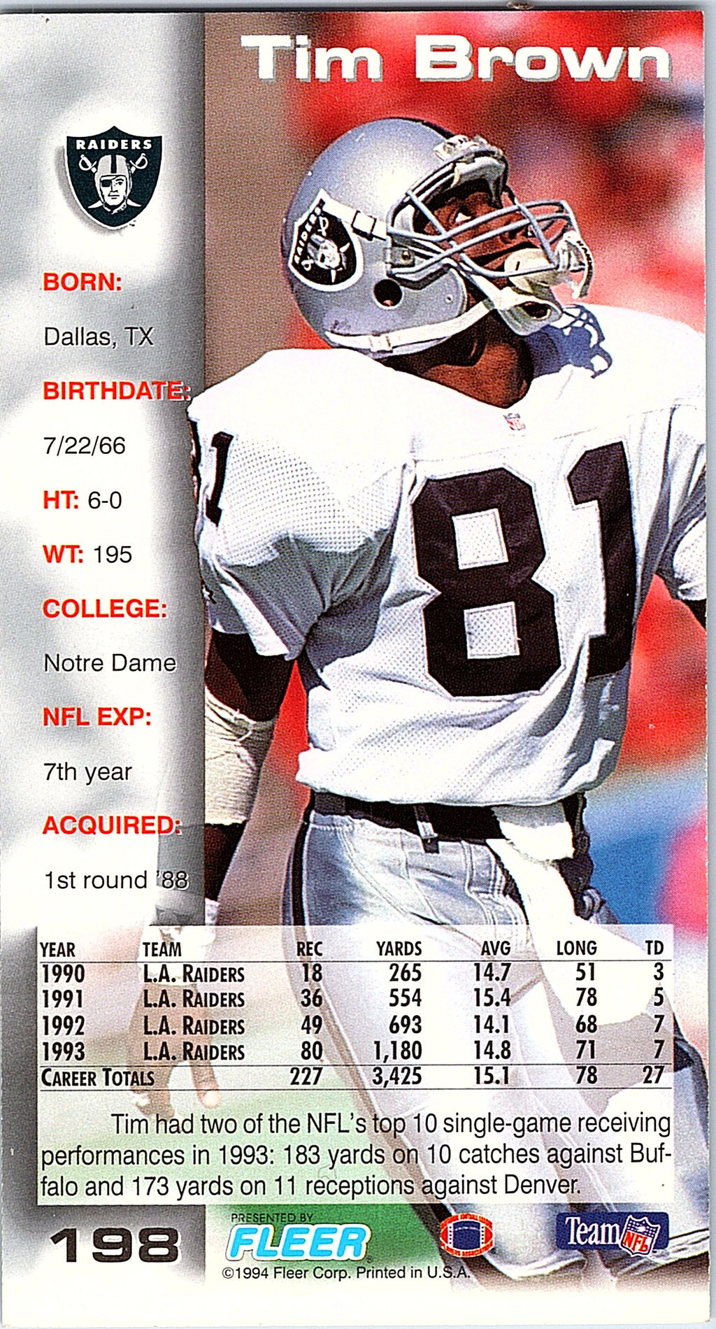 1994 GameDay #198 Tim Brown