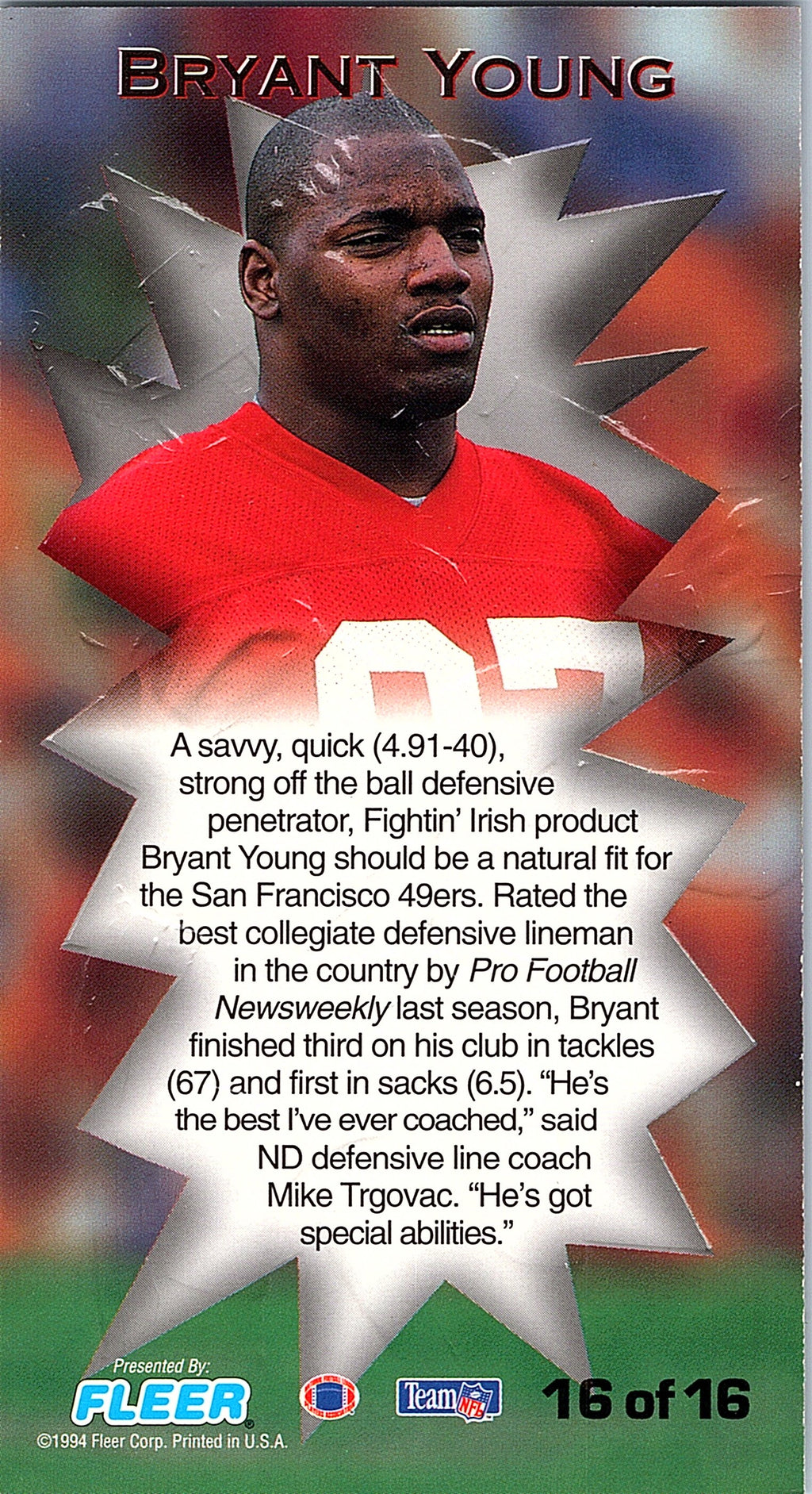 1994 GameDay #16 Bryant Young Rookie Standouts