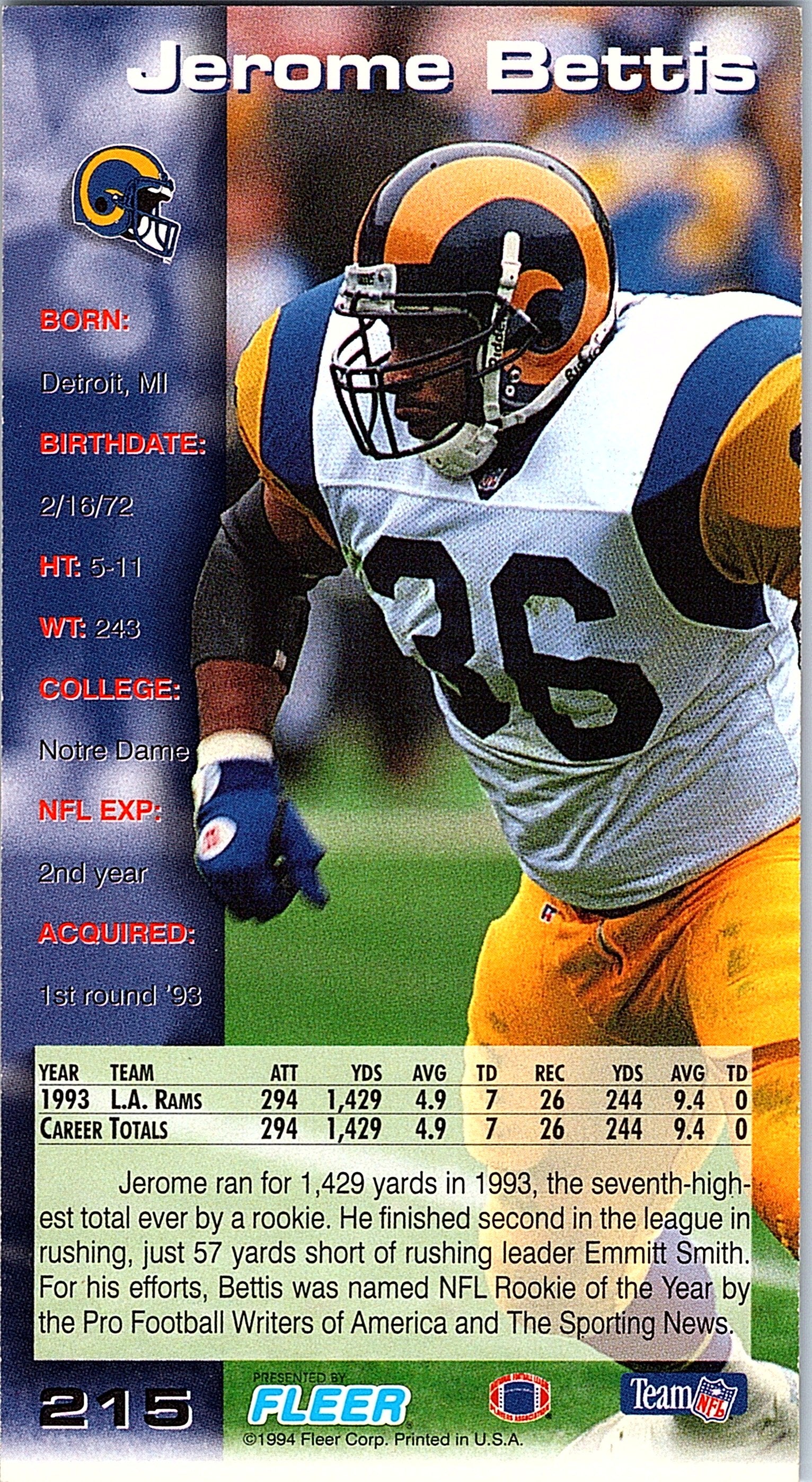 1994 GameDay #215 Jerome Bettis