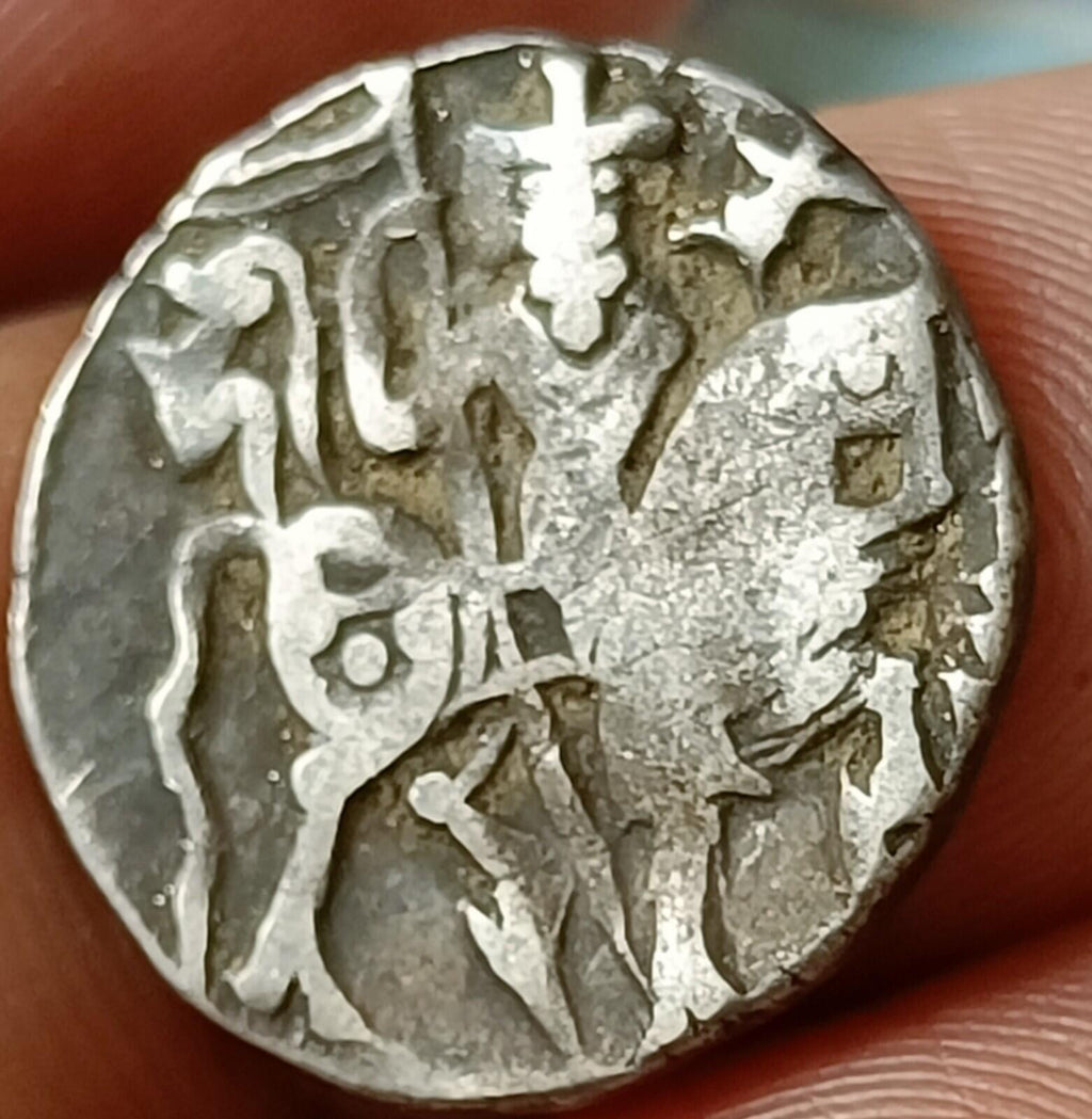 #X28#Indian Indus valley Area Samanta Deva (850 AD) silver HORSE & BULL coin.