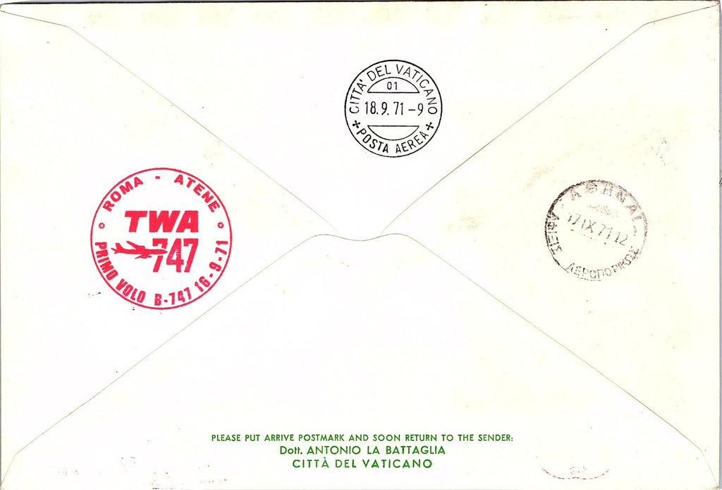 PREMIER VOL TWA ROME ATHÈNES ou CITÉ DU VATICAN 1971 PREMIER VOL TWA B-747 ROME VERS