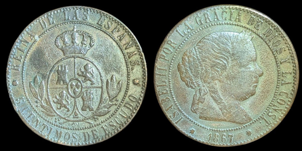 Espagne espagnol - Isabelle II, 5 Cents de 1867 Écu. Barcelone