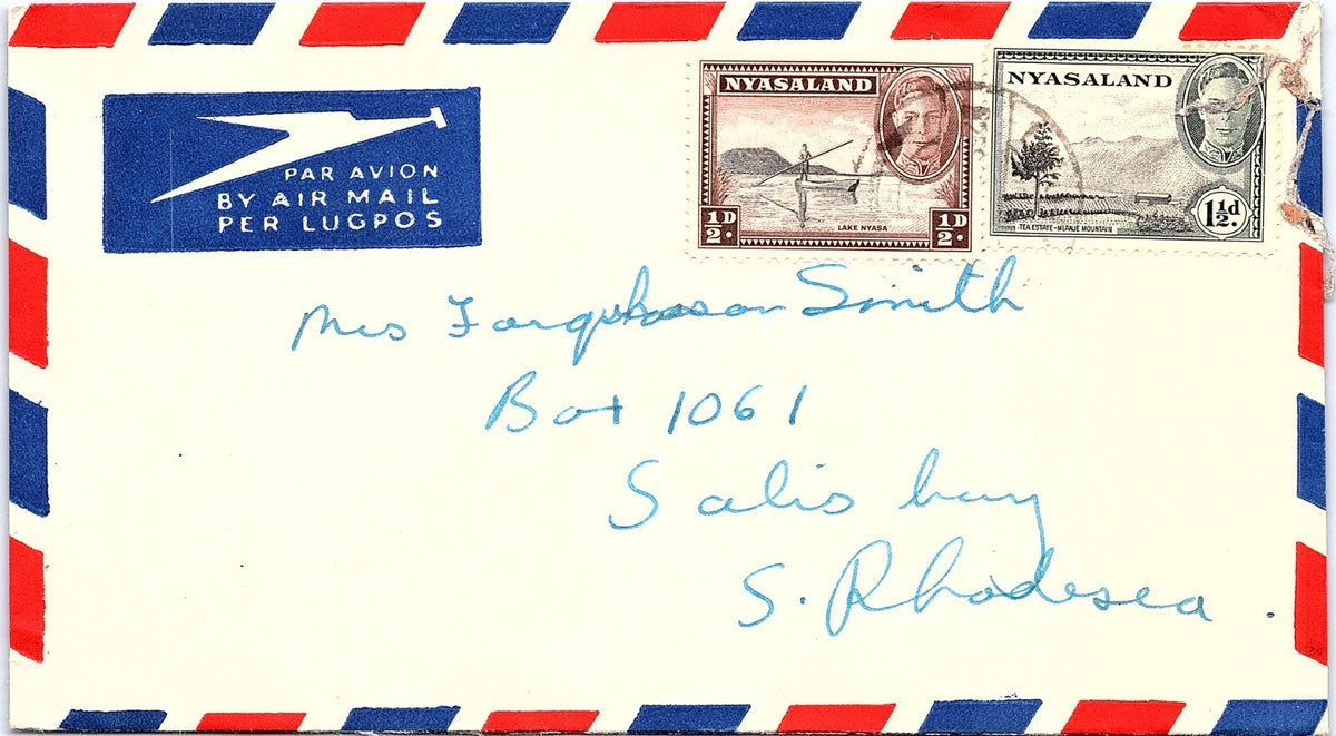 Vintage Nyasaland Airmail Cover to Salisbury Southern Rhodesia King George VI St