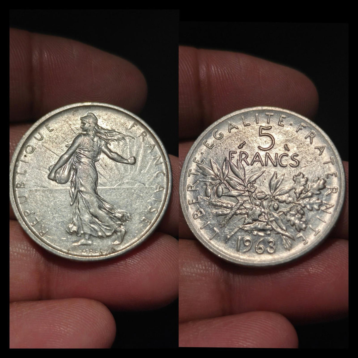 1963 FRANCE French LARGE with La Semeuse SOWER WOMAN Silver 5 Francs Coin21#