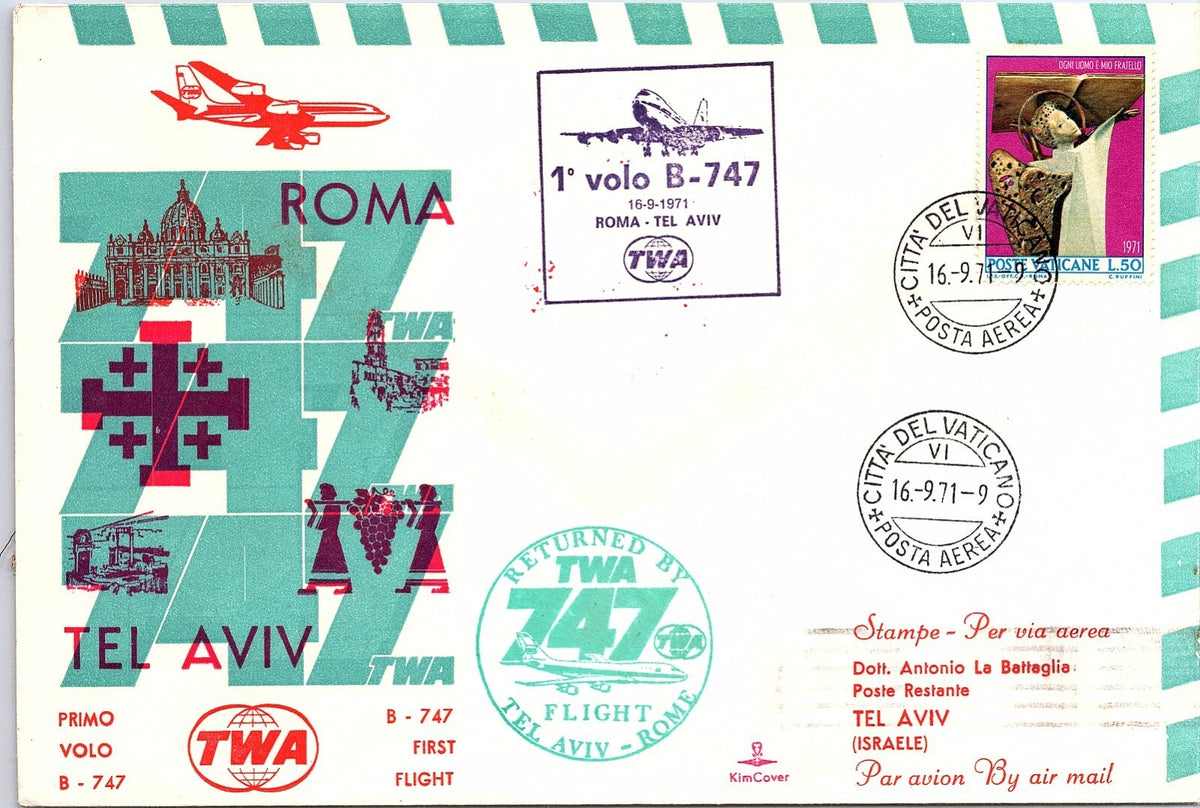 Israel Cover 1st TWA 747 Service Flight Tel-Aviv-Rome, Italy 1971. x46170