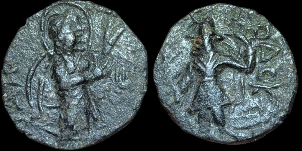 Dynastie Kushan, Kanishka Ier, drachme en bronze ou 1/4 d'unité, v. 128-150 de notre ère, RARE