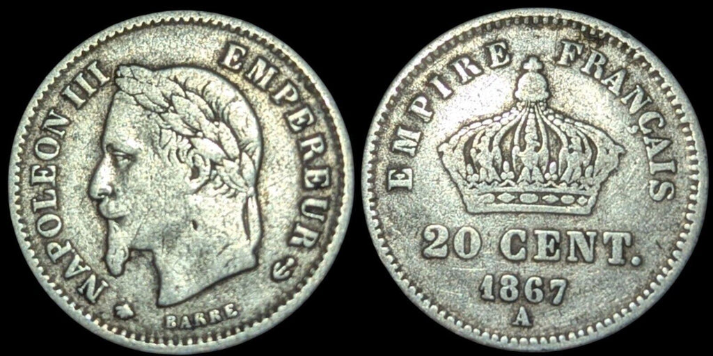 1867 France Napoleon III Bust Facing left Silver (.835) 20 Cent Coin