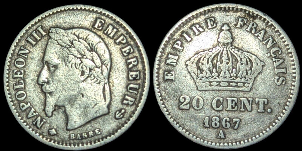 1867 France Napoleon III Bust Facing left Silver (.835) 20 Cent Coin