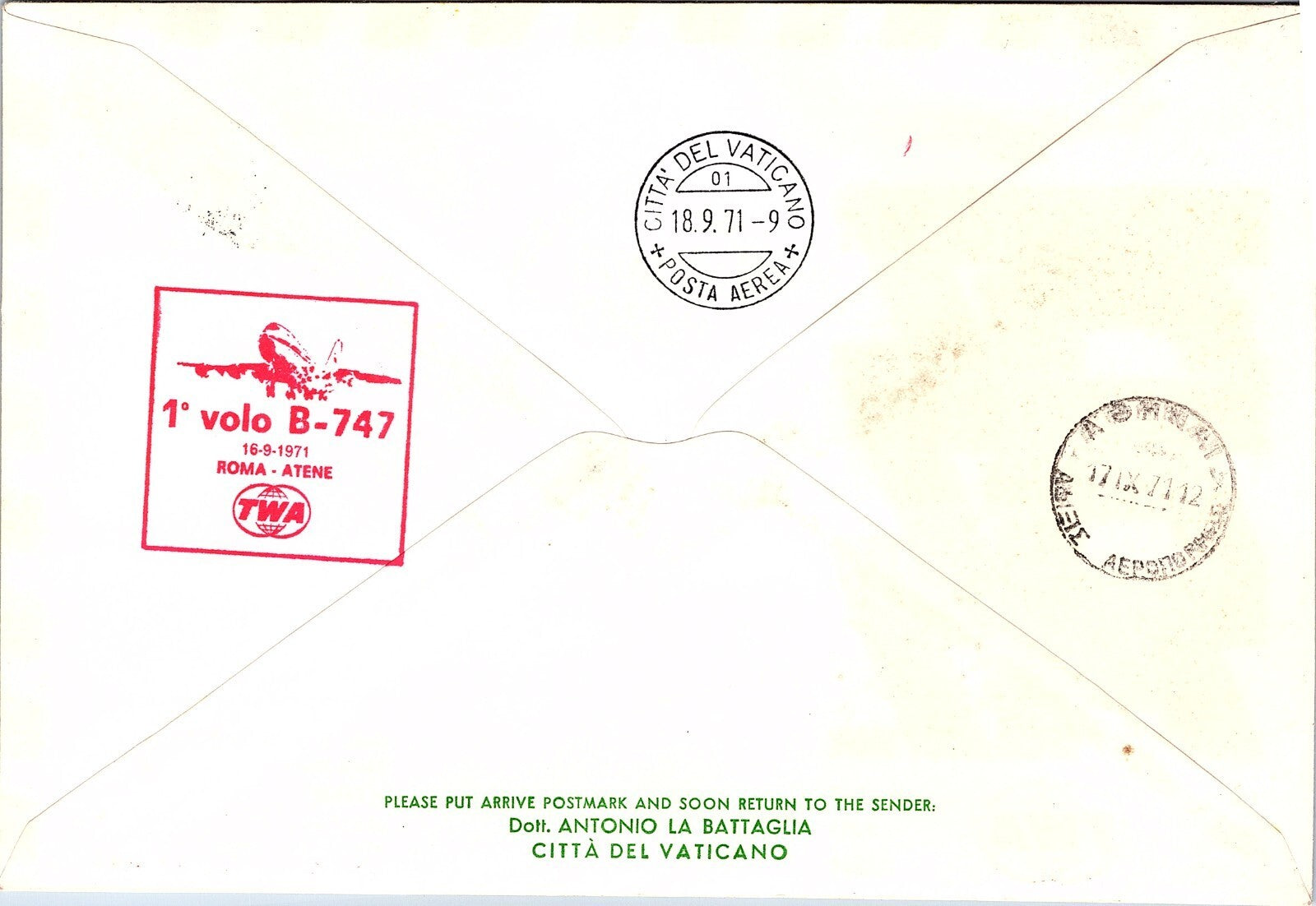 TWA Boeing 747 First Flight philatelic cover Vatican Athens