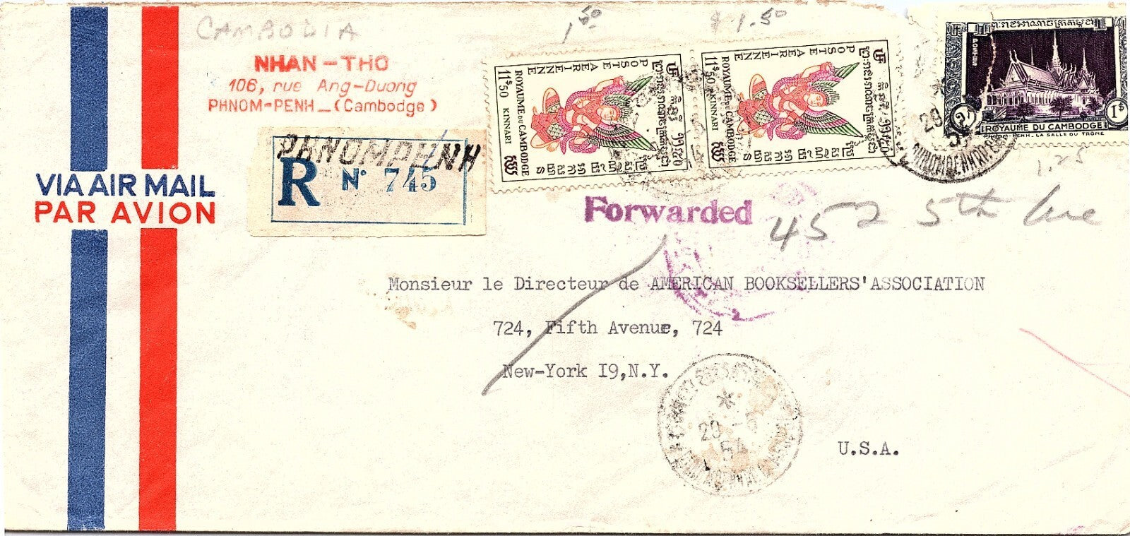 Cambodia Vintage Registered Airmail Cover Phnom Penh to New York USA