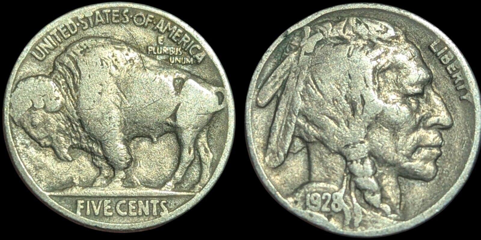Rare 1928 Buffalo Nickel has Multiple Errors**  on the Rim, No Mint Mark
