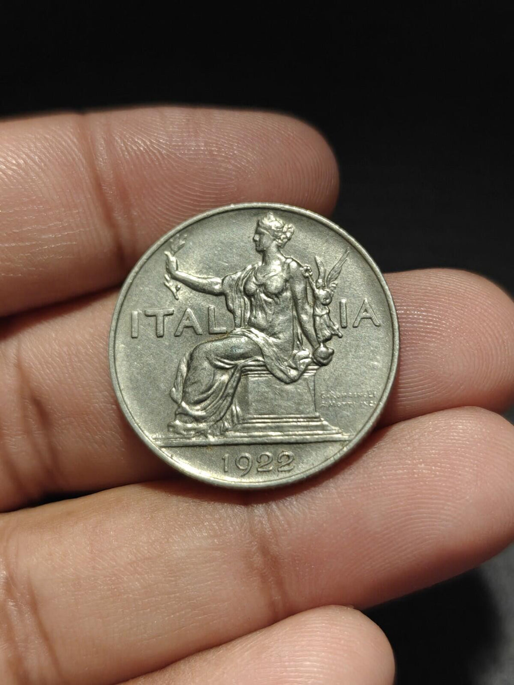 1922 Italie Une 1 Lire Femme assise à gauche en nickel Monnaie du monde pièce rare