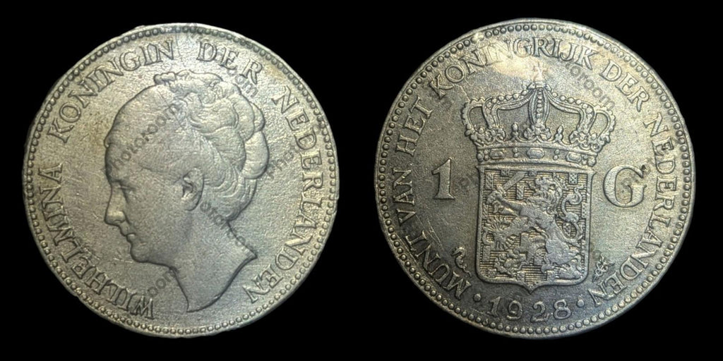 1928 Pays-Bas Royaume avec Reine WILHELMINA Pièce de 1 Gulden en Argent VINTAGE