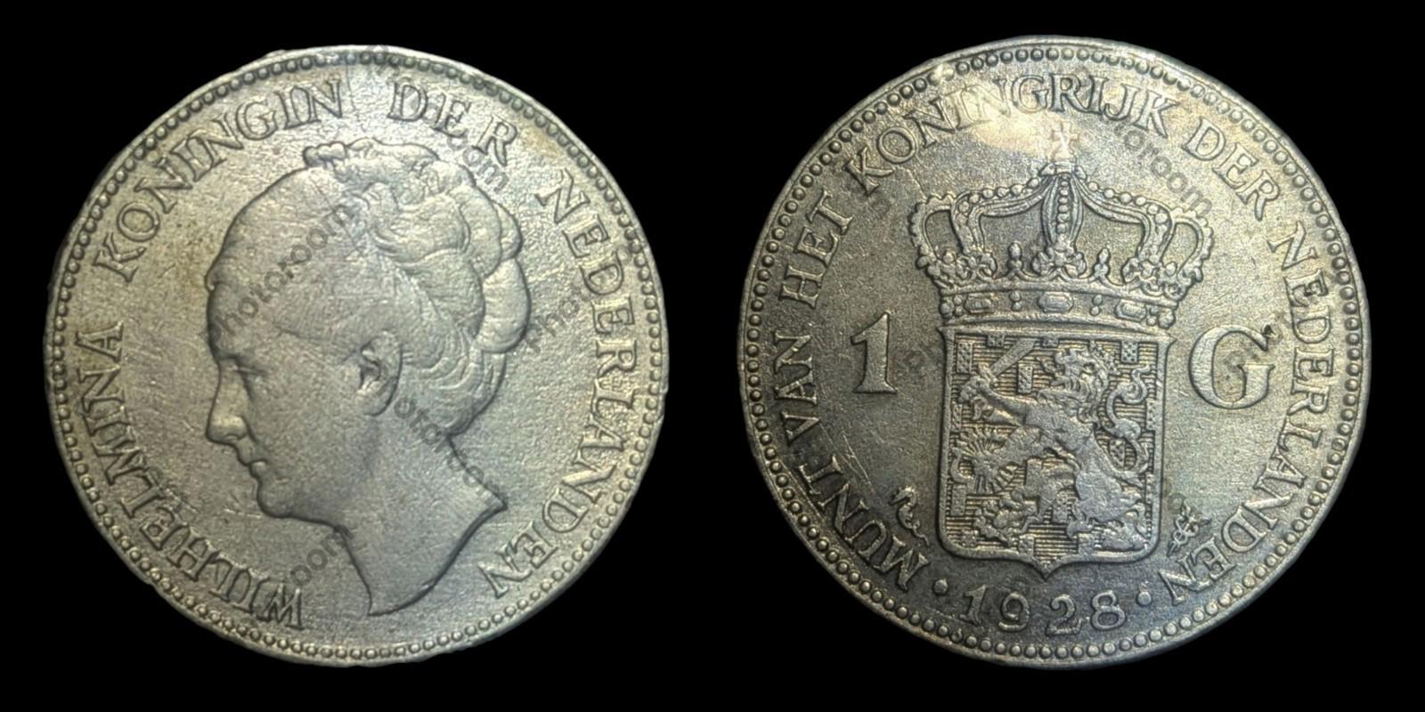1928 Pays-Bas Royaume avec Reine WILHELMINA Pièce de 1 Gulden en Argent VINTAGE