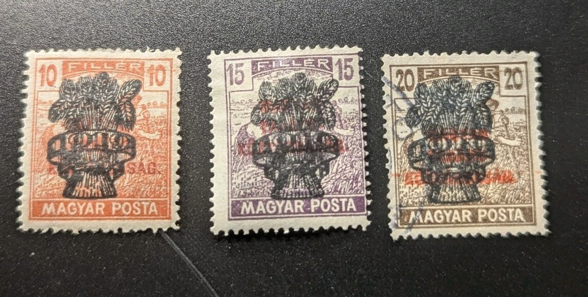 Hungary 1920 Stamps Scott #318 Overprint Harvesting Wheat 10f 15f 20f Lot of 3