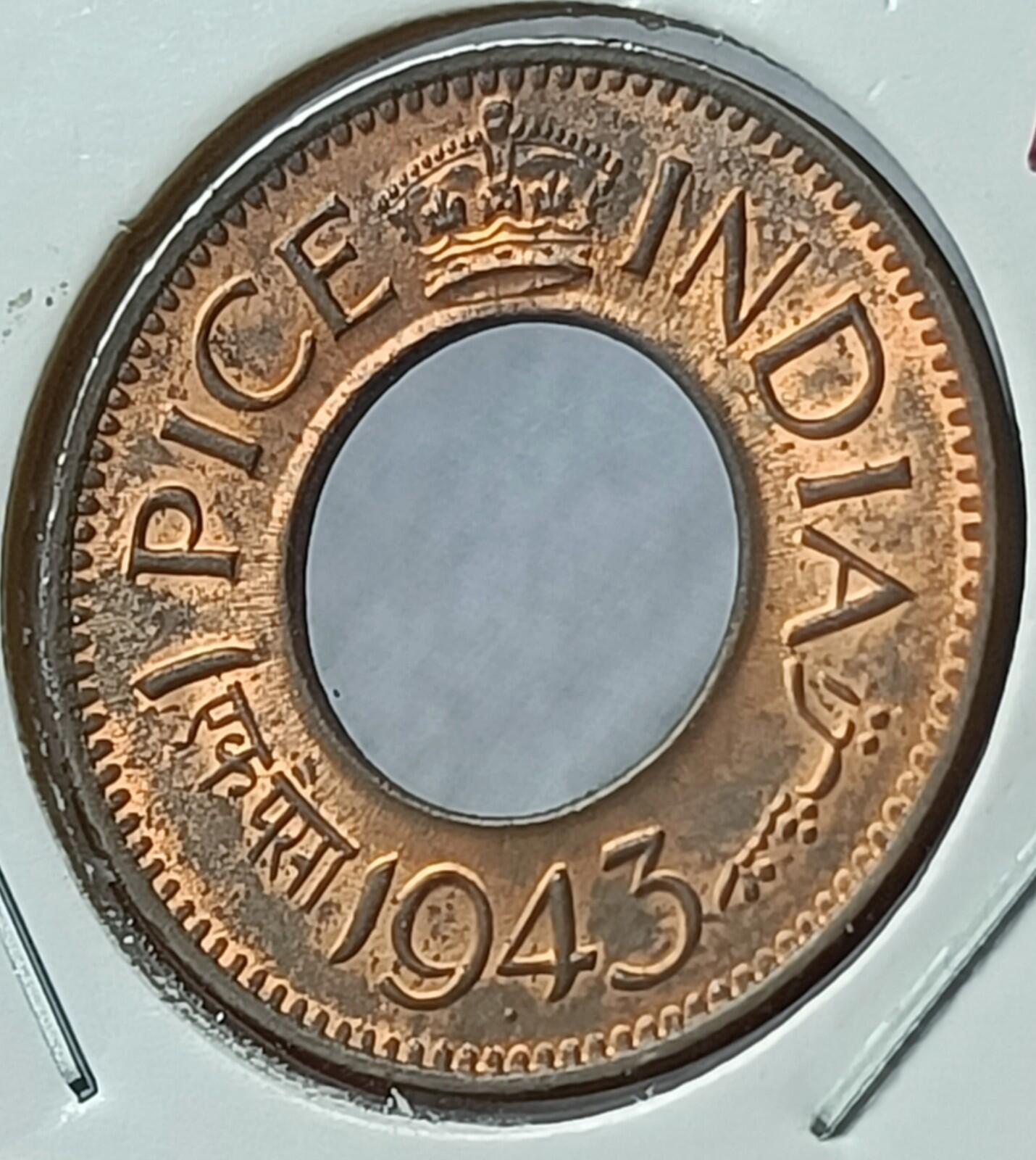 (#R16) British India George VI,one Pice 1943-Big Crown  Bombay Mint Red UNC